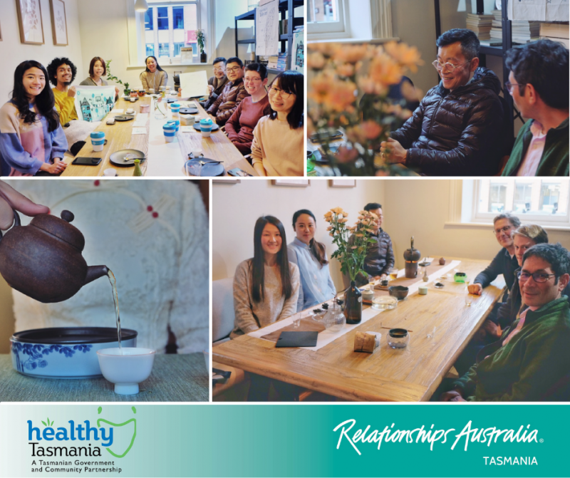 Collage of photos from A Moment of Tea event. People smiling while taking part in a tea session at a table; people are relaxed and chatting; tea being poured.