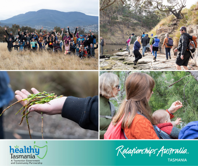 Collage of images from Clarence climate Action’s cultural awareness day. A large group of people posing for a photo; people walking through country; people learning about bush foods.