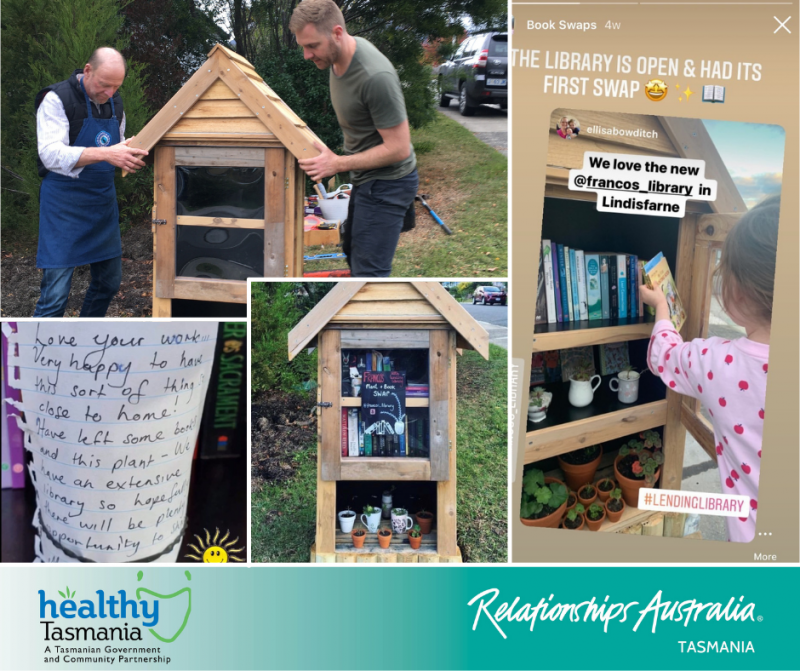 Collage of images from the creation of a lending library. A lending library being fitted; the library full of books, plants, seeds; people’s kind words on a note explaining why they love the library; A young girl grabbing a book from the library.
