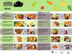 A daily menu of school lunch meals offered as part of the School Lunch Pilot. The menu has images of healthy food on offer such as soup, fruit and pancakes. 