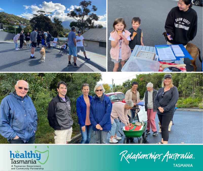 Collage of images from a community day. Smiling neighbours gathering to share conversations and morning tea with each other.