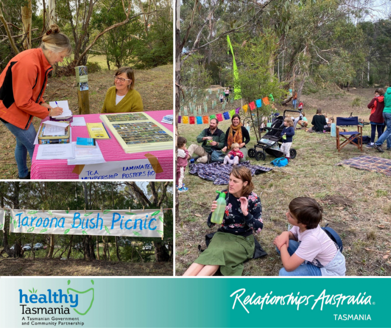 Collage of images from a bush picnic. People sitting on grass enjoying a bush picnic and accessing a stall with information.