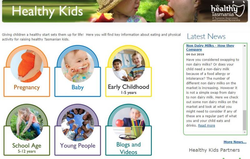 Screenshot of front of Healthy Kids Tasmania website