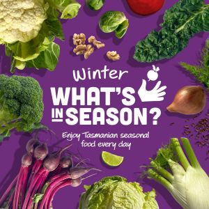 Graphic for Eat Well Tasmania’s Winter What’s in Season campaign, displaying seasonal foods such as cauliflower, broccoli, radish, lettuce, fennel, onion, kale, brussels sprouts, lime and walnuts.