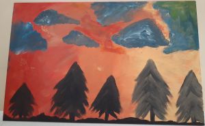 Painting of five trees with orange sky and grey clouds.
